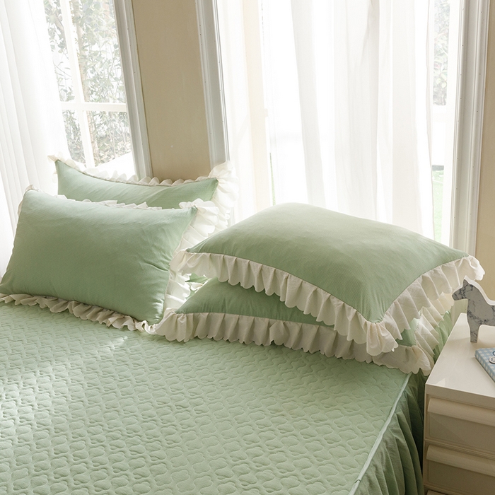 91家纺网 家纺一手货源 找家纺 丝印良品 2024新款四季款夹棉泡泡纱床裙床笠被套四件套 豆绿