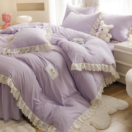 欧冠家纺 2024新款四季款夹棉泡泡纱床裙床笠被套四件套 紫色