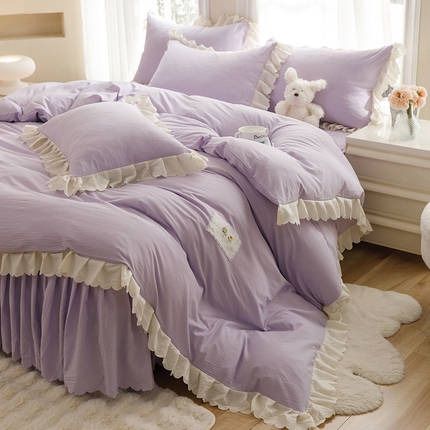 91家纺网 家纺一手货源 找家纺 丝印良品 2024新款四季款夹棉泡泡纱床裙床笠被套四件套 紫色