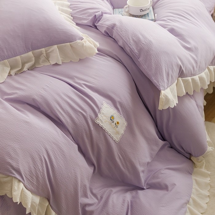 91家纺网 家纺一手货源 找家纺 欧冠家纺 2024新款四季款夹棉泡泡纱床裙床笠被套四件套 紫色