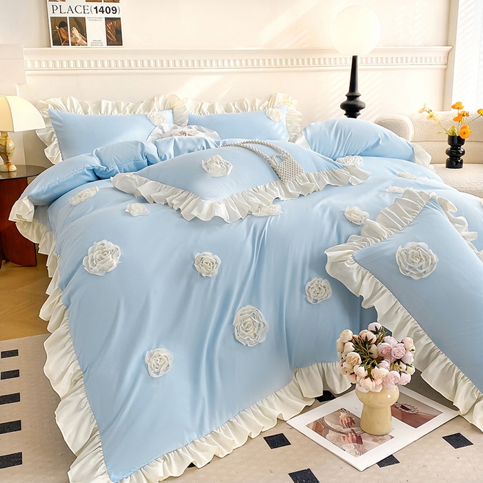 91家纺网 家纺一手货源 找家纺 水洗亲肤棉立体刺绣四件套公主风四件套 百花齐放-蓝