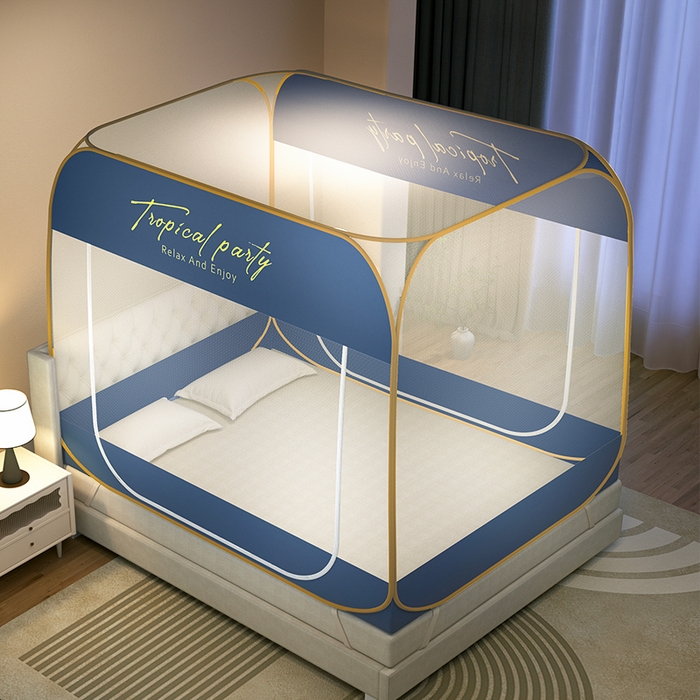 91家纺网 家纺一手货源 找家纺 佳梦家纺 2024新款大顶印花时尚款蒙古包双开门免安装蚊帐 英文蓝布三角