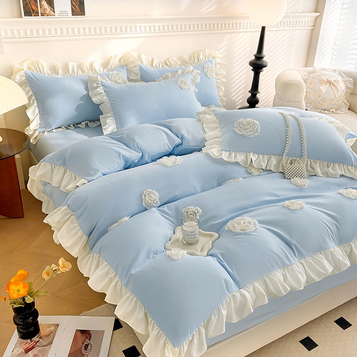 91家纺网 家纺一手货源 找家纺 水洗亲肤棉立体刺绣四件套公主风四件套 百花齐放-蓝