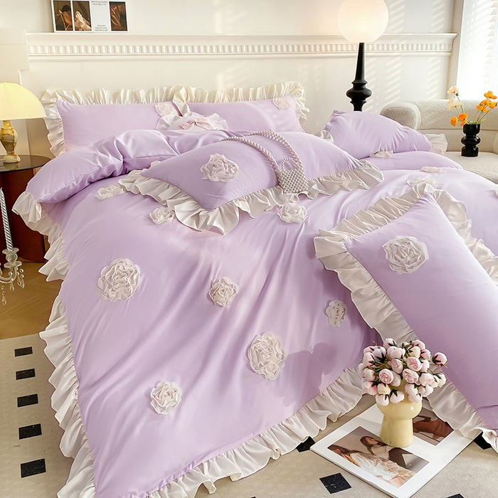 91家纺网 家纺一手货源 找家纺 水洗亲肤棉立体刺绣四件套公主风四件套 百花齐放-紫
