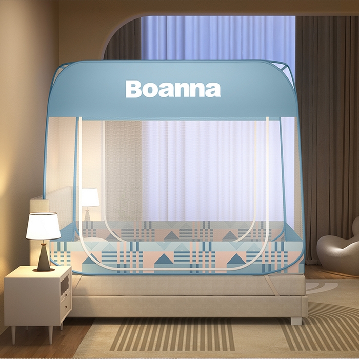 91家纺网 家纺一手货源 找家纺 佳梦家纺 2024新款大顶印花时尚款蒙古包双开门免安装蚊帐 雅格兰布三角