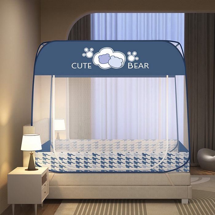 91家纺网 家纺一手货源 找家纺 佳梦家纺 2024新款大顶印花时尚款蒙古包双开门免安装蚊帐 抱抱熊布三角