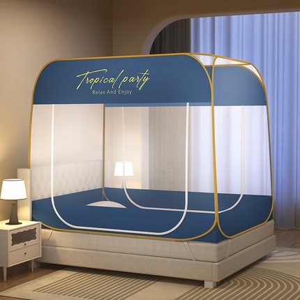 佳梦家纺 2024新款大顶印花时尚款蒙古包双开门免安装蚊帐 英文蓝布三角