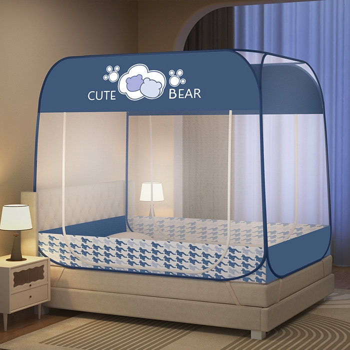 91家纺网 家纺一手货源 找家纺 佳梦家纺 2024新款大顶印花时尚款蒙古包双开门免安装蚊帐 抱抱熊布三角