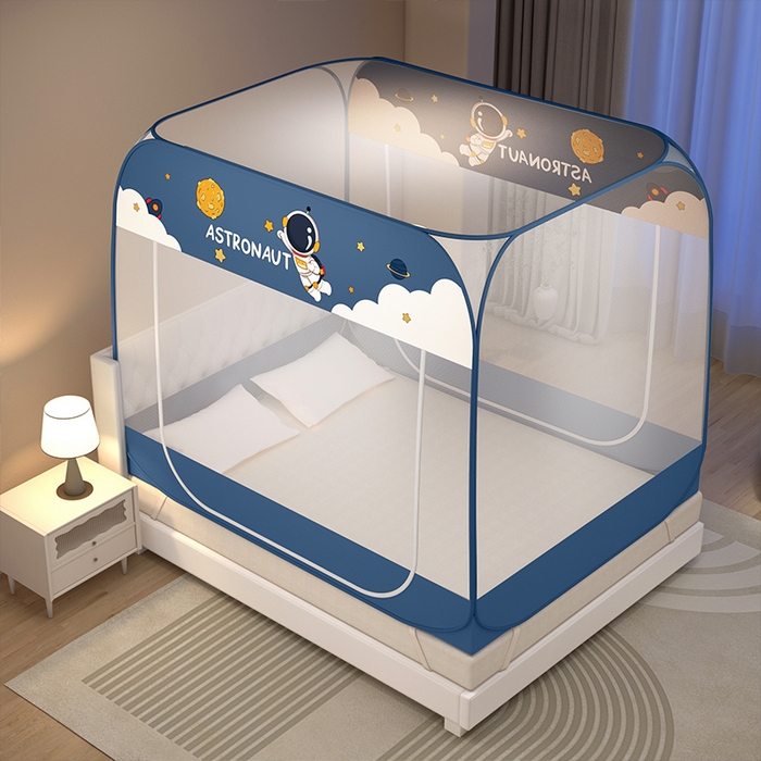 91家纺网 家纺一手货源 找家纺 佳梦家纺 2024新款大顶印花时尚款蒙古包双开门免安装蚊帐 宇航员布三角