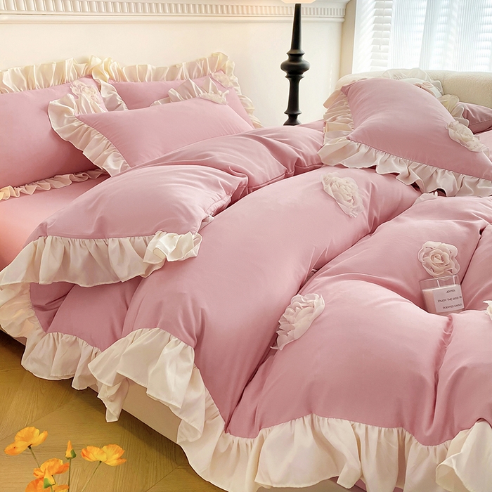 91家纺网 家纺一手货源 找家纺 水洗亲肤棉立体刺绣四件套公主风四件套 百花齐放-豆沙