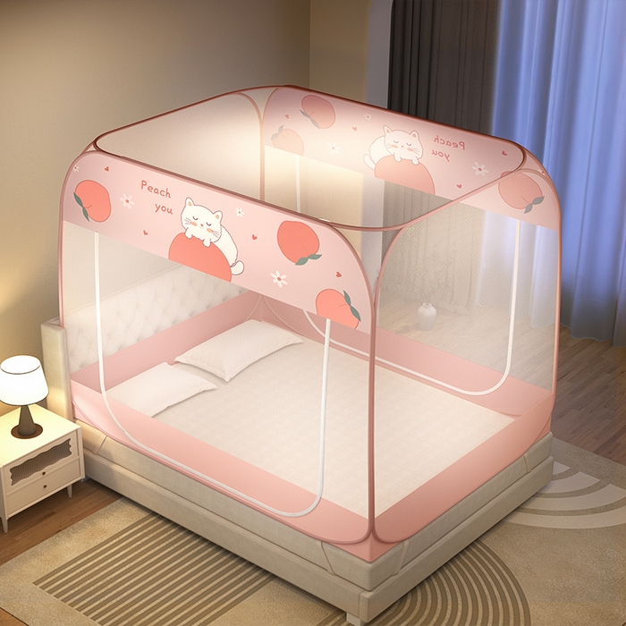 91家纺网 家纺一手货源 找家纺 佳梦家纺 2024新款大顶印花时尚款蒙古包双开门免安装蚊帐 蜜桃猫布三角