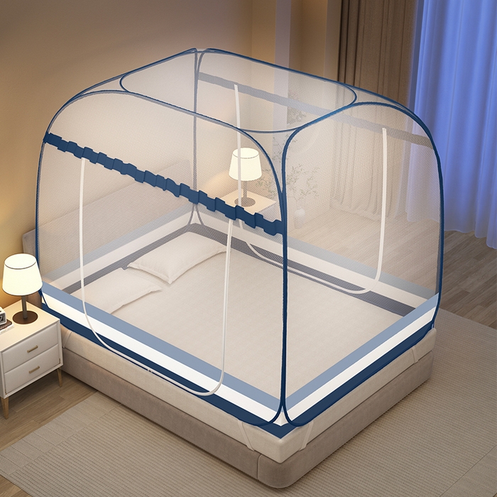 91家纺网 家纺一手货源 找家纺 佳梦家纺 2024新款大顶爆款花边免安装蚊帐 条纹蓝