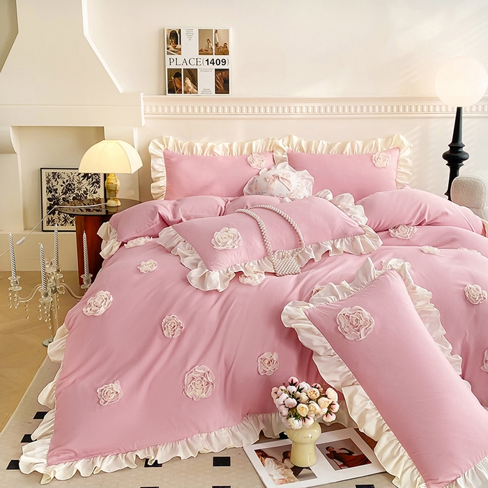 91家纺网 家纺一手货源 找家纺 水洗亲肤棉立体刺绣四件套公主风四件套 百花齐放-豆沙