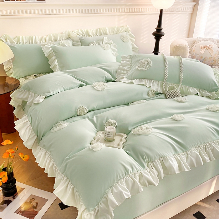 91家纺网 家纺一手货源 找家纺 水洗亲肤棉立体刺绣四件套公主风四件套 百花齐放-浅绿