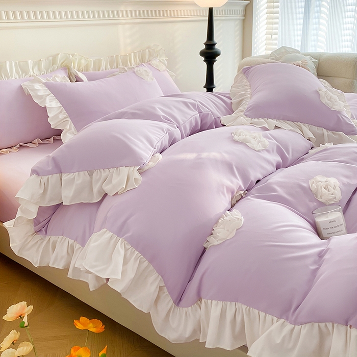 91家纺网 家纺一手货源 找家纺 水洗亲肤棉立体刺绣四件套公主风四件套 百花齐放-紫