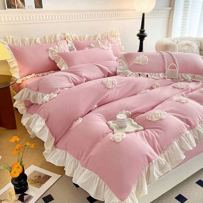 91家纺网 家纺一手货源 找家纺 水洗亲肤棉立体刺绣四件套公主风四件套 百花齐放-豆沙