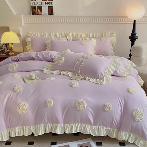 91家纺网 家纺一手货源 找家纺 水洗亲肤棉立体刺绣四件套公主风四件套 百花齐放-紫
