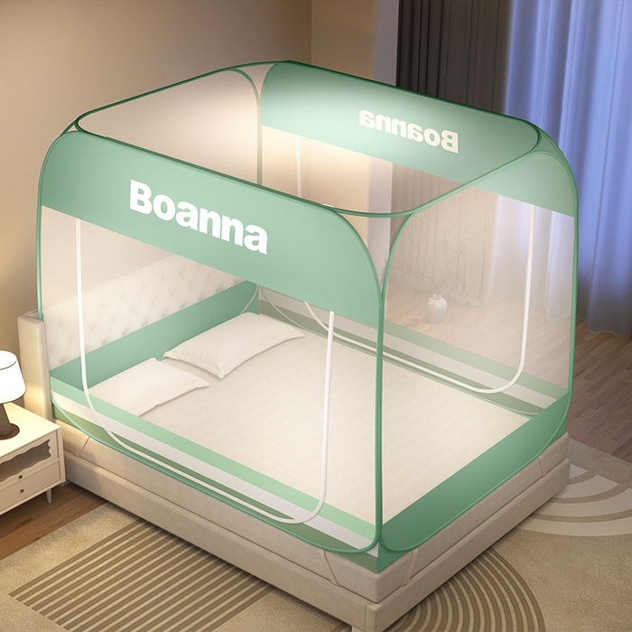 91家纺网 家纺一手货源 找家纺 佳梦家纺 2024新款大顶印花时尚款蒙古包双开门免安装蚊帐 条纹绿布三角