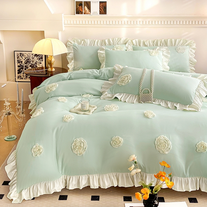 91家纺网 家纺一手货源 找家纺 水洗亲肤棉立体刺绣四件套公主风四件套 百花齐放-浅绿