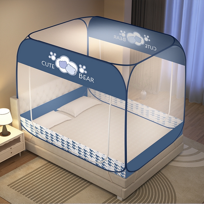 91家纺网 家纺一手货源 找家纺 佳梦家纺 2024新款大顶印花时尚款蒙古包双开门免安装蚊帐 抱抱熊布三角