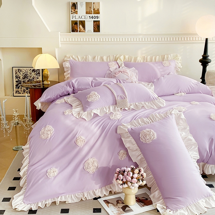 91家纺网 家纺一手货源 找家纺 水洗亲肤棉立体刺绣四件套公主风四件套 百花齐放-紫