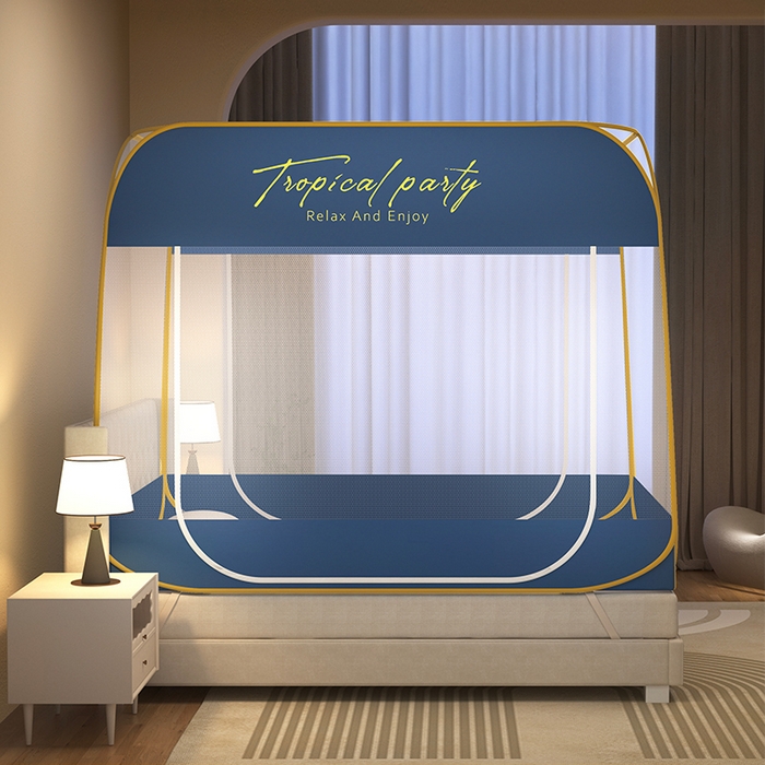 91家纺网 家纺一手货源 找家纺 佳梦家纺 2024新款大顶印花时尚款蒙古包双开门免安装蚊帐 英文蓝布三角