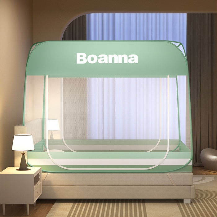 91家纺网 家纺一手货源 找家纺 佳梦家纺 2024新款大顶印花时尚款蒙古包双开门免安装蚊帐 条纹绿布三角