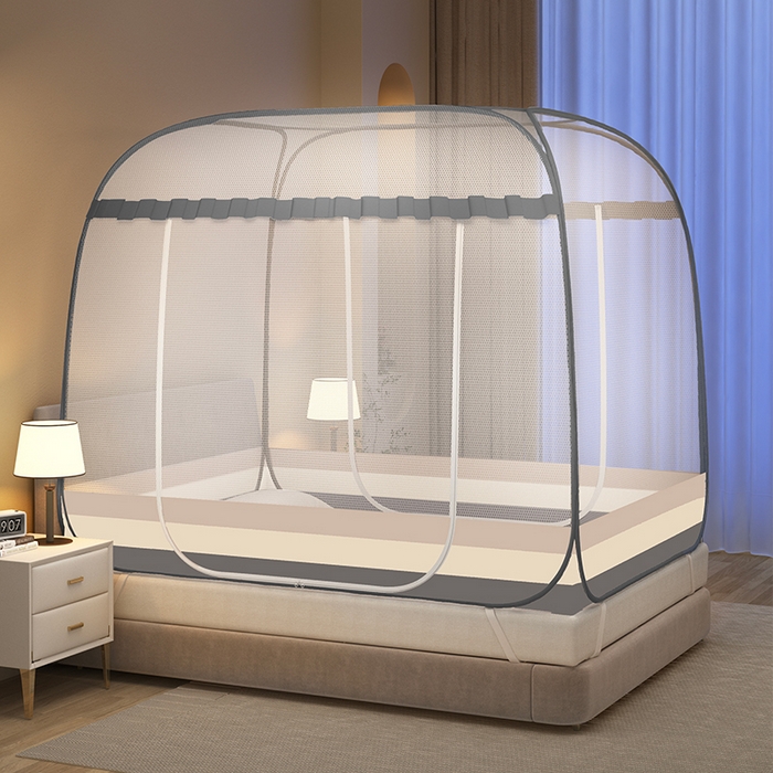 91家纺网 家纺一手货源 找家纺 佳梦家纺 2024新款大顶爆款花边免安装蚊帐 条纹-灰