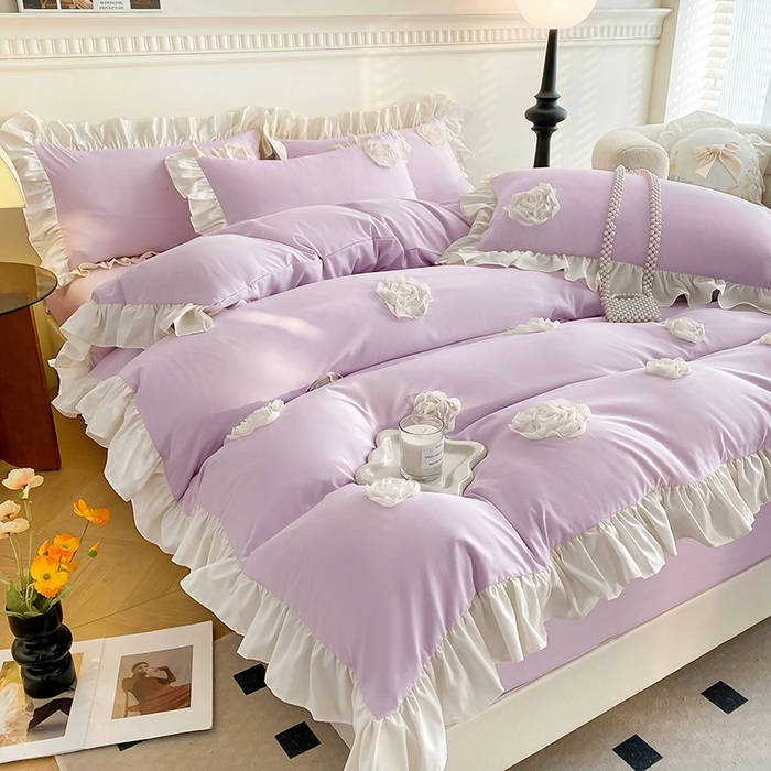 91家纺网 家纺一手货源 找家纺 水洗亲肤棉立体刺绣四件套公主风四件套 百花齐放-紫