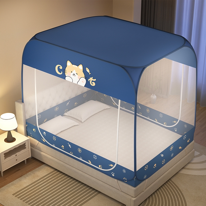 91家纺网 家纺一手货源 找家纺 佳梦家纺 2024新款大顶防尘免安装蚊帐 橘猫蓝