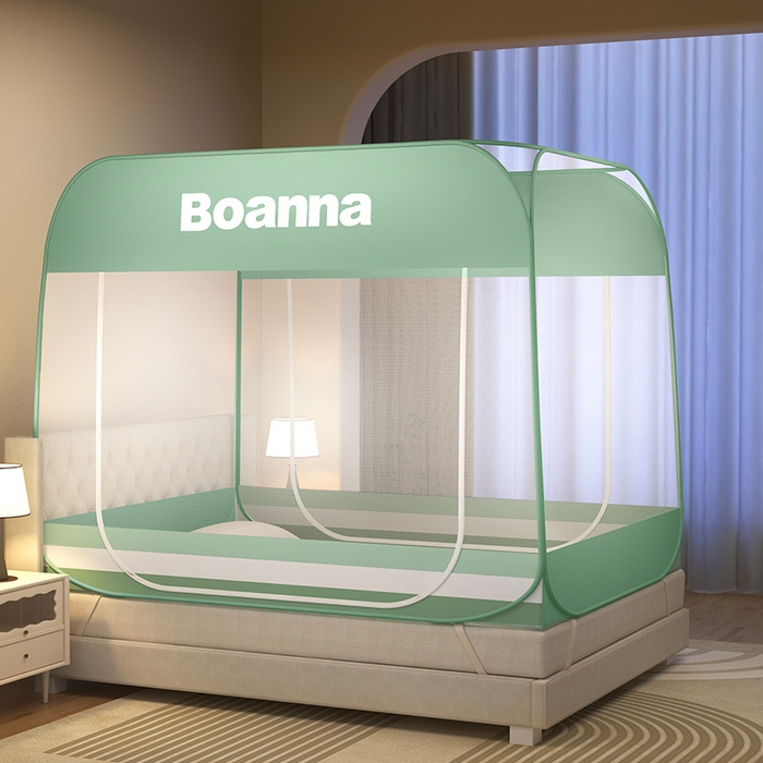 91家纺网 家纺一手货源 找家纺 佳梦家纺 2024新款大顶印花时尚款蒙古包双开门免安装蚊帐 条纹绿布三角