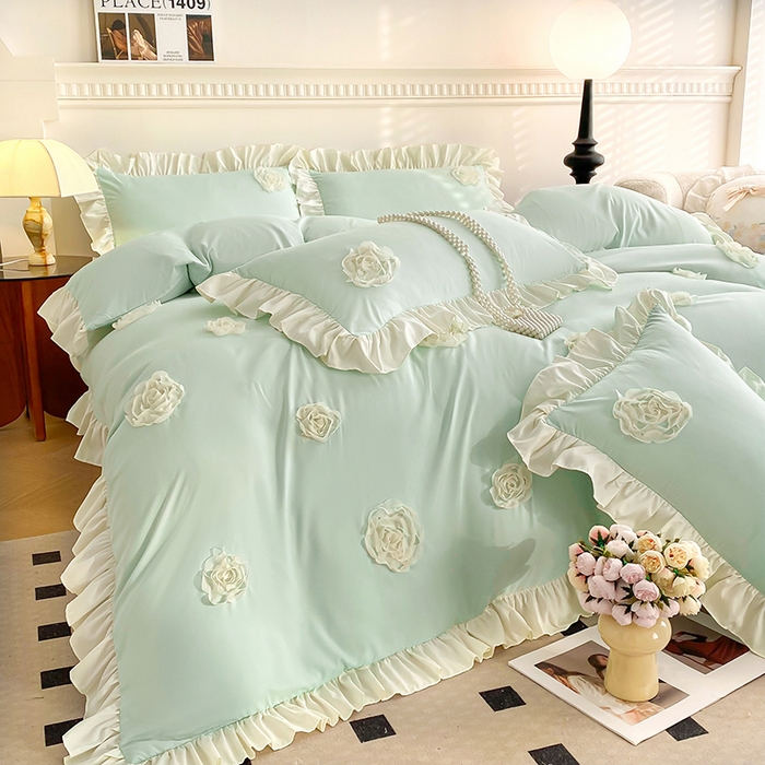 91家纺网 家纺一手货源 找家纺 水洗亲肤棉立体刺绣四件套公主风四件套 百花齐放-浅绿