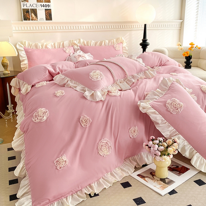 91家纺网 家纺一手货源 找家纺 水洗亲肤棉立体刺绣四件套公主风四件套 百花齐放-豆沙