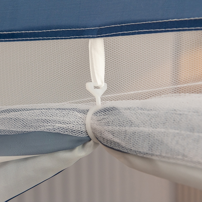 91家纺网 家纺一手货源 找家纺 佳梦家纺 2024新款大顶印花时尚款蒙古包双开门免安装蚊帐 条纹蓝布三角