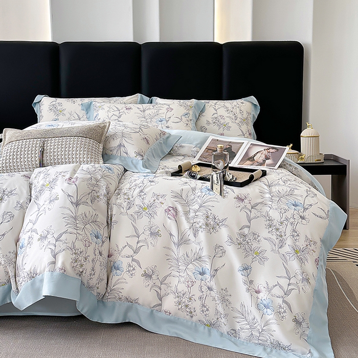 91家纺网 家纺一手货源 找家纺 娇逸家居 2025新款50支莱赛尔数码印花宽边拼角天丝四件套（可搭配同系列夏被和床盖） 书瑶