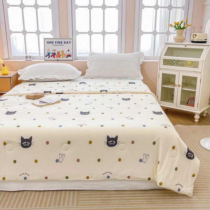 91家纺网 家纺一手货源 找家纺 眠优居 2024新款A类针织棉大豆纤维夏被 波点猫咪