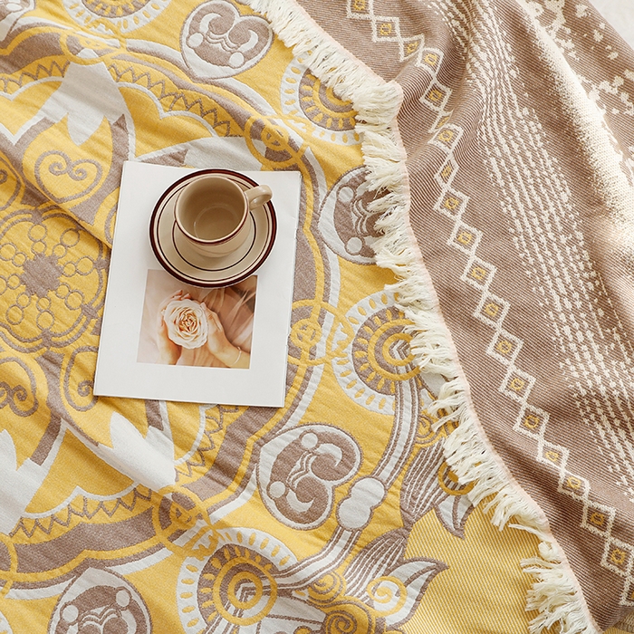 91家纺网 家纺一手货源 找家纺 朴尔 2024新款基拉尼风流苏花边全棉纱布毛巾被 林恩圣湖-黄