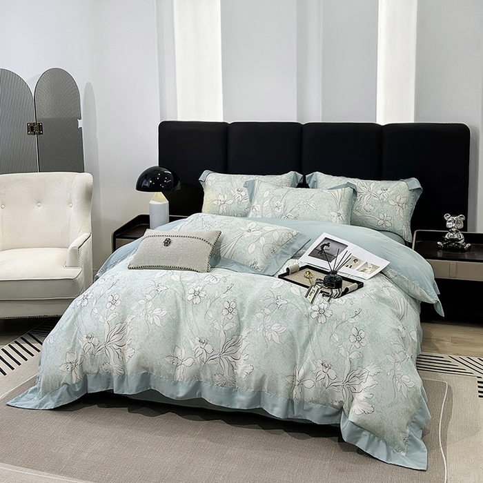 91家纺网 家纺一手货源 找家纺 娇逸家居 2025新款50支莱赛尔数码印花宽边拼角天丝四件套（可搭配同系列夏被和床盖） 多特