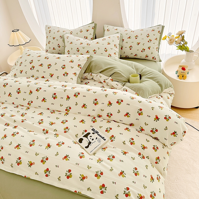 91家纺网 家纺一手货源 找家纺 卡普二店 2024新款A类水洗棉麻四件套 草莓园