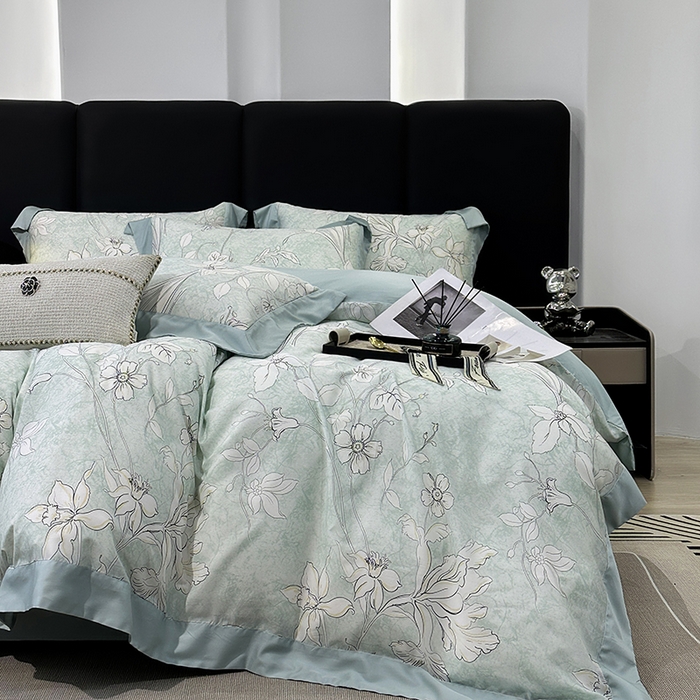 91家纺网 家纺一手货源 找家纺 娇逸家居 2025新款50支莱赛尔数码印花宽边拼角天丝四件套（可搭配同系列夏被和床盖） 多特