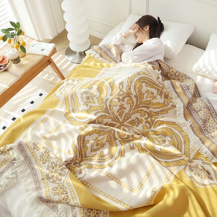 91家纺网 家纺一手货源 找家纺 朴尔 2024新款基拉尼风流苏花边全棉纱布毛巾被 罗马之恋-黄