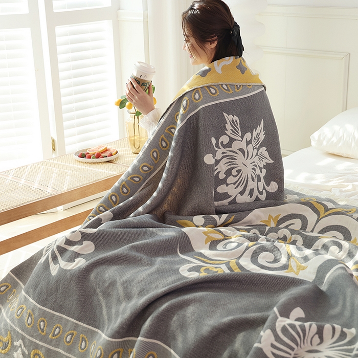 91家纺网 家纺一手货源 找家纺 朴尔 2024新款基拉尼风流苏花边全棉纱布毛巾被 莫克罗斯-灰