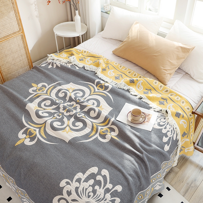 91家纺网 家纺一手货源 找家纺 朴尔 2024新款基拉尼风流苏花边全棉纱布毛巾被 莫克罗斯-灰