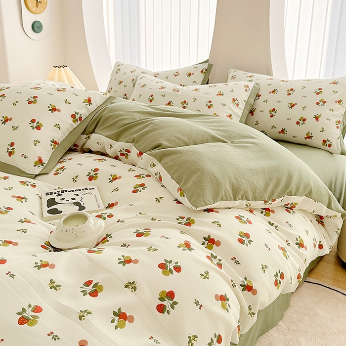 91家纺网 家纺一手货源 找家纺 卡普家居2025新款A类水洗棉麻四件套 草莓园