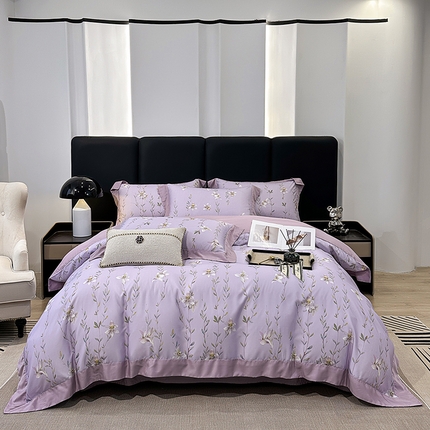 91家纺网 家纺一手货源 找家纺 （总）娇逸家居 2025新款50支莱赛尔数码印花宽边拼角天丝四件套（可搭配同系列夏被和床盖）