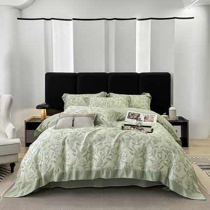 91家纺网 家纺一手货源 找家纺 （总）娇逸家居 2025新款50支莱赛尔数码印花宽边拼角天丝四件套（可搭配同系列夏被和床盖）