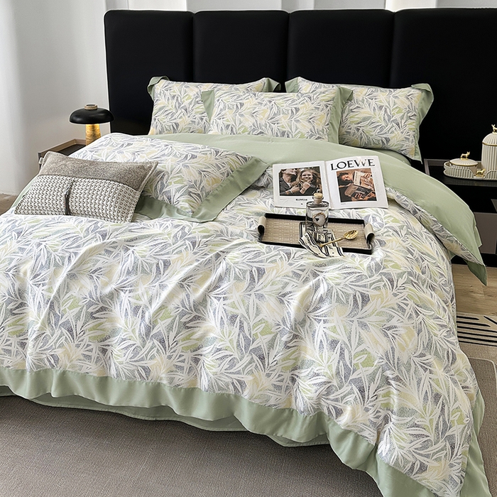 91家纺网 家纺一手货源 找家纺 娇逸家居 2025新款50支莱赛尔数码印花宽边拼角天丝四件套（可搭配同系列夏被和床盖） 春分