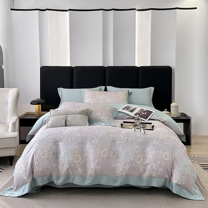 91家纺网 家纺一手货源 找家纺 娇逸家居 2025新款50支莱赛尔数码印花宽边拼角天丝四件套（可搭配同系列夏被和床盖） 蔚然