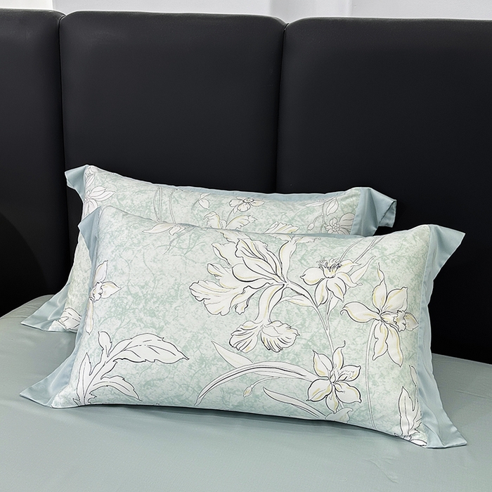 91家纺网 家纺一手货源 找家纺 娇逸家居 2025新款50支莱赛尔数码印花宽边拼角天丝四件套（可搭配同系列夏被和床盖） 多特