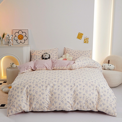 91家纺网 家纺一手货源 找家纺 一米阳光 2024新款小清新AB版全棉四件套 沁园-紫